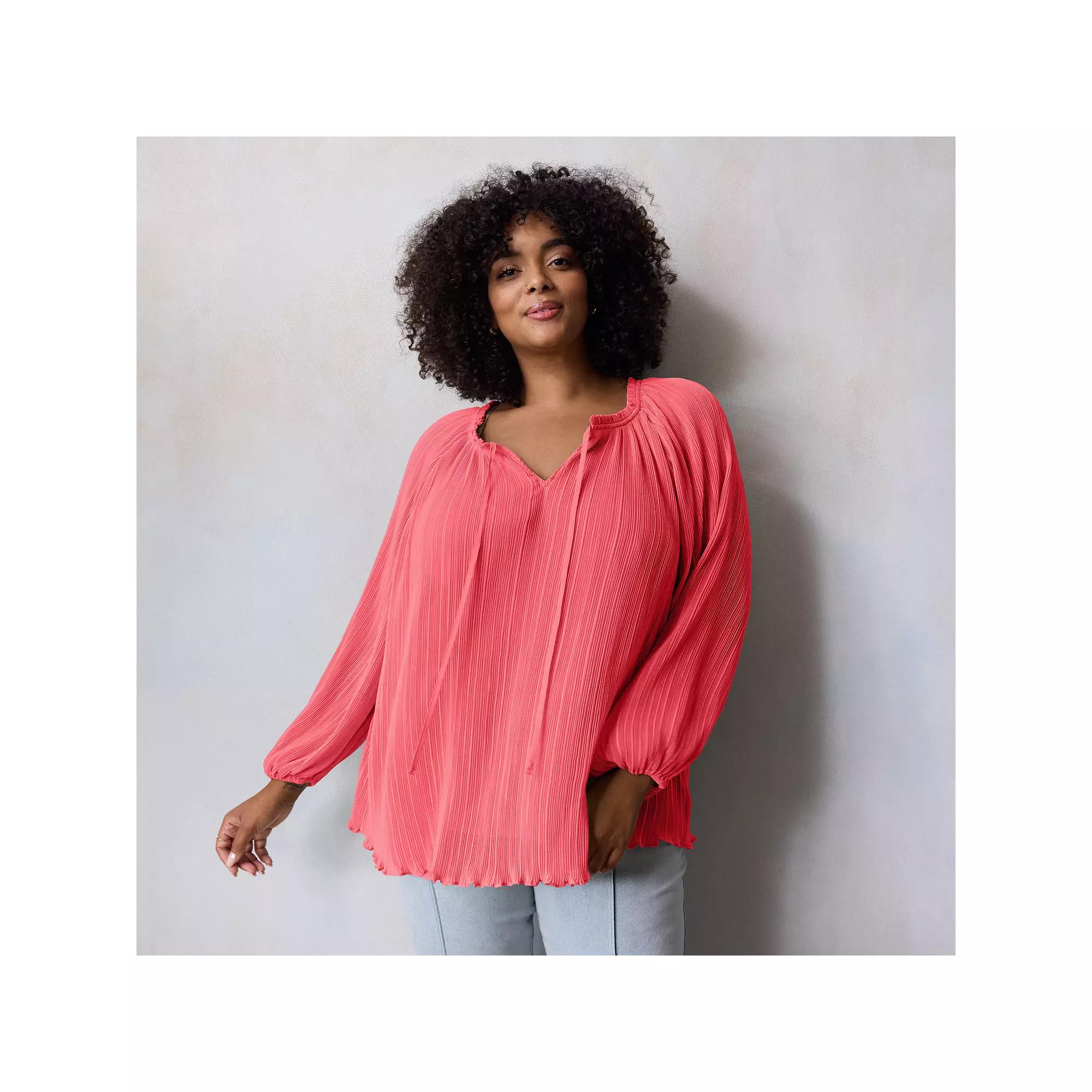 Plus Size LC Lauren Conrad Tie Front Peasant Top, Women's, Size: 1XL, Jeannie Pink Product Image