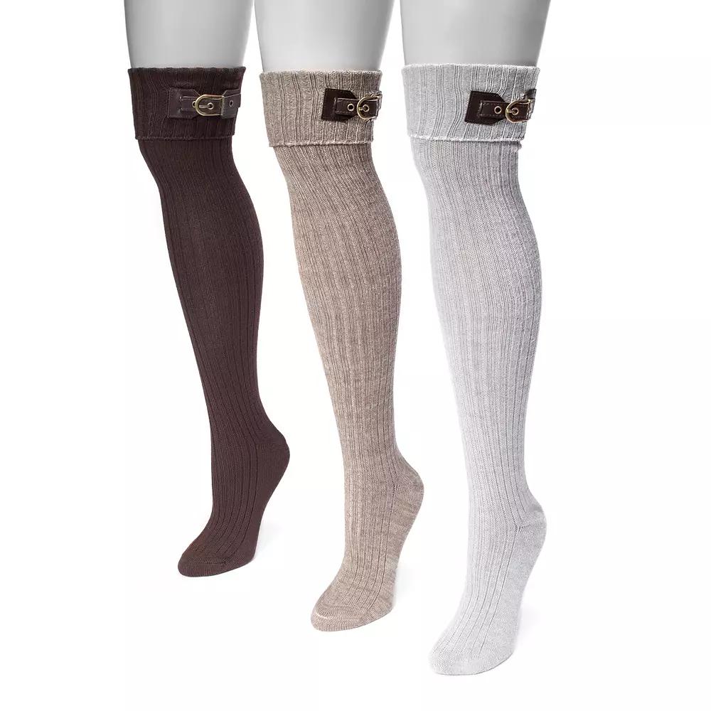 Women's MUK LUKS 3-pk. Buckle Cuff Over-the-Knee Socks, Neutral Pack Product Image
