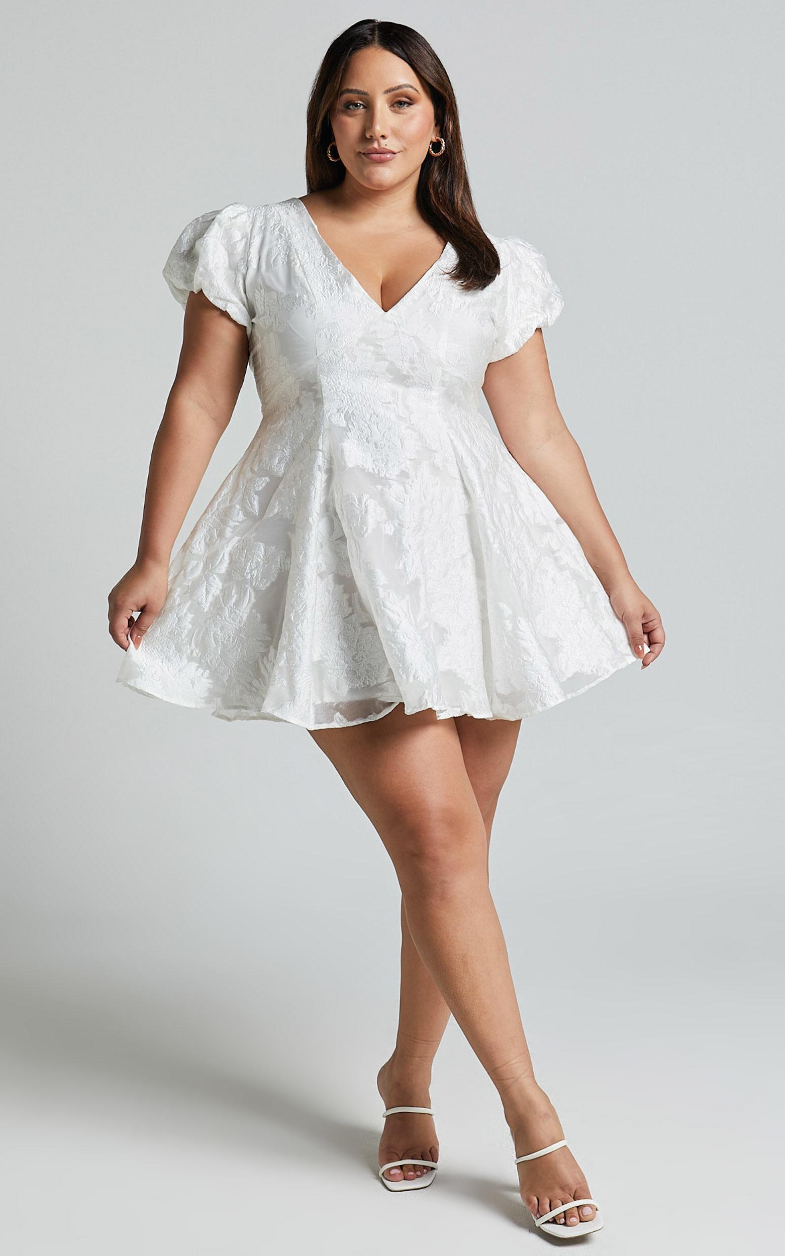 Brailey Jacquard Mini Dress - Puff Sleeve Dress in White Product Image