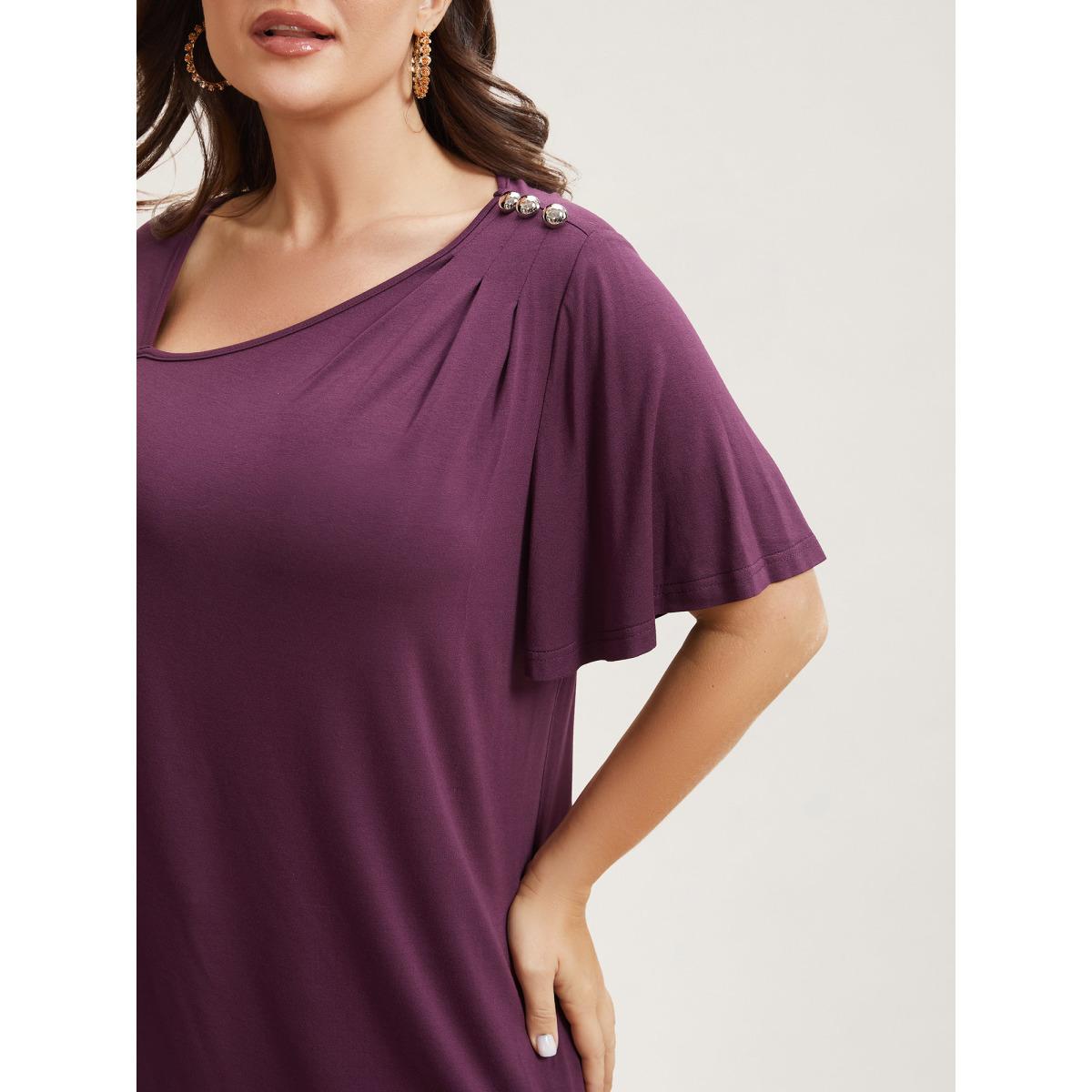 Plus Size Supersoft Asymmetrical Neckline Flutter Sleeve T-Shirt Plum Women Casual Pleated Asymmetrical Neck Everyday T-shirts BloomChic 14-16/1X Product Image