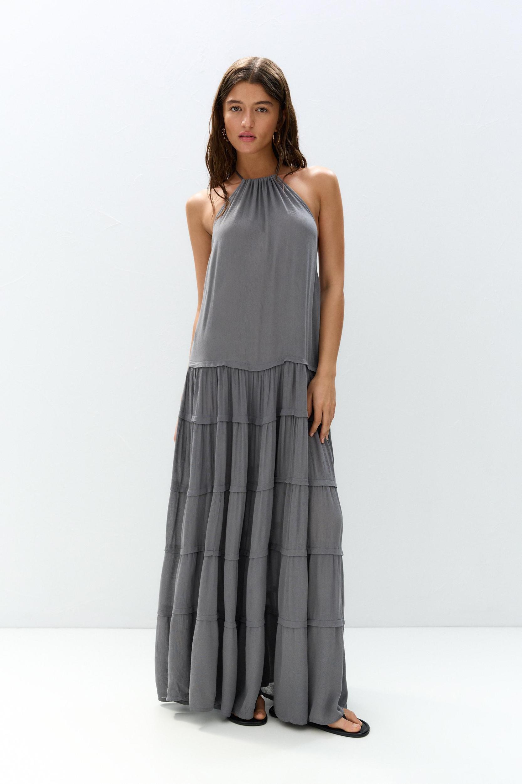 Long halter neck paneled dress Product Image