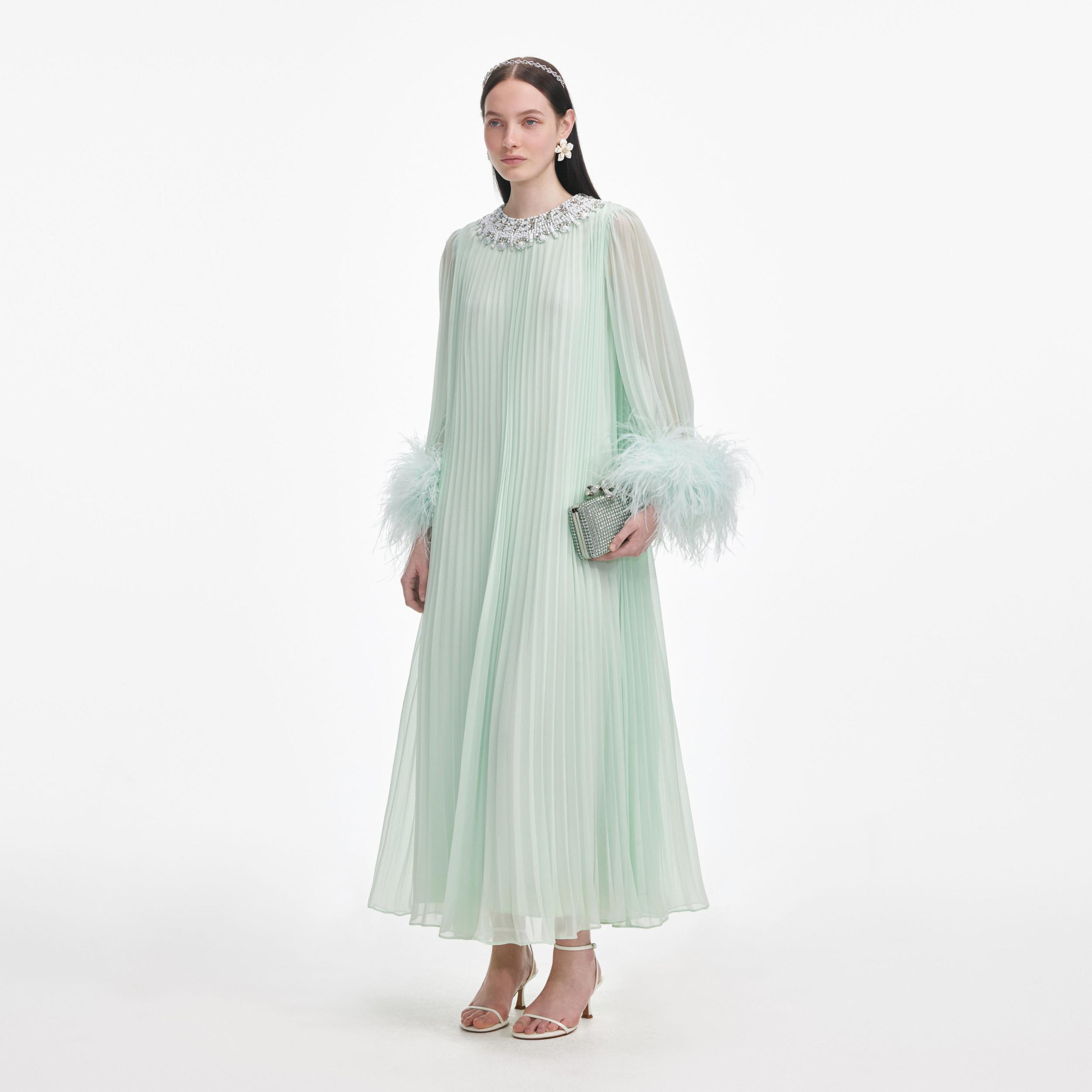 Mint Chiffon Feather Midi Dress Product Image