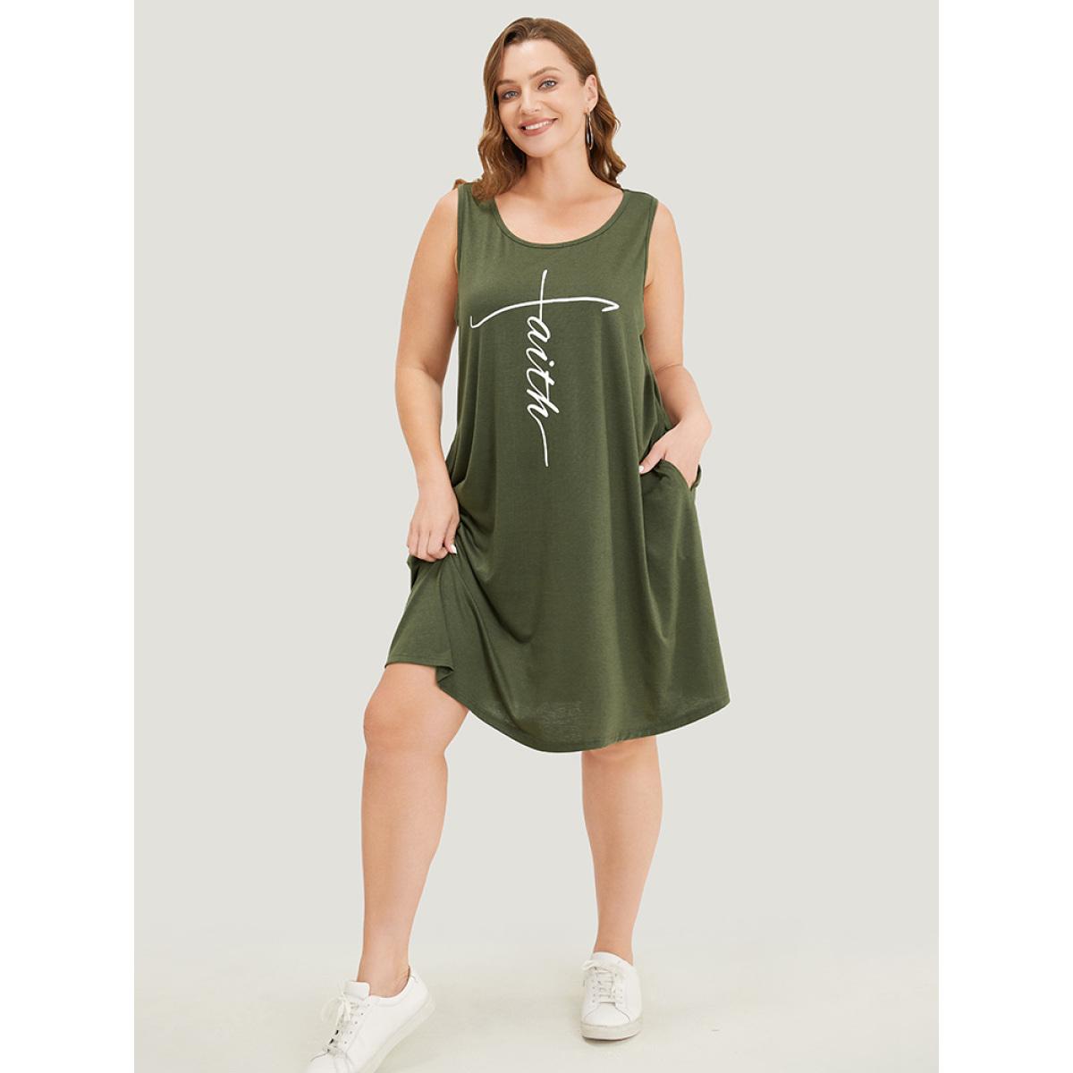 Plus Size Graphic Print Sleeveless Pocket Tank Dress ArmyGreen Women Casual Pocket Round Neck Sleeveless Curvy Knee Dress BloomChic 14-16/1X Product Image