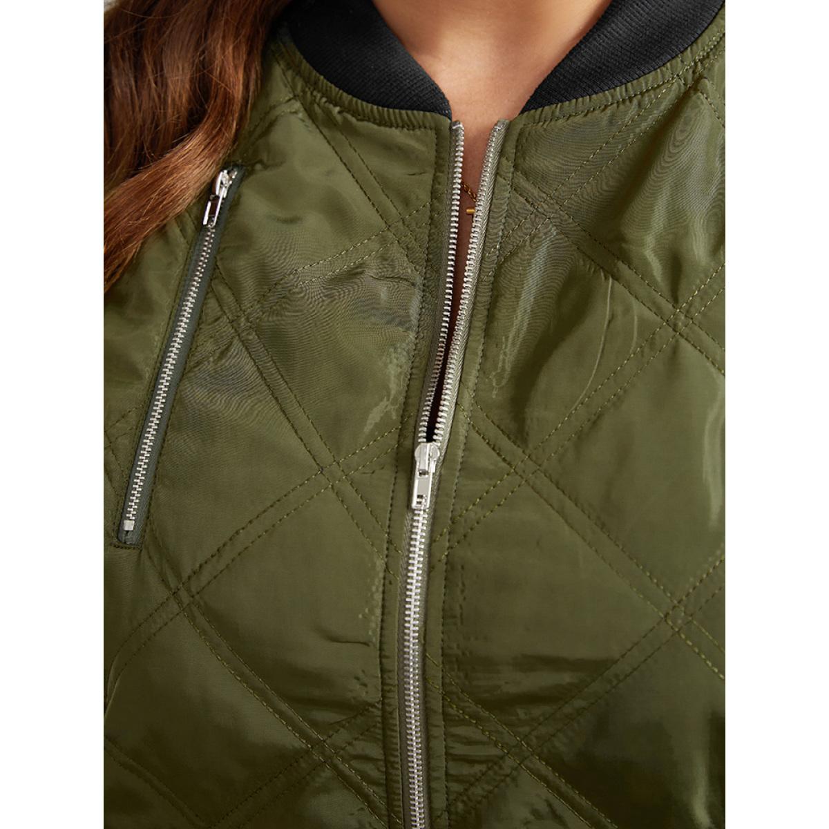 Plus Size Contrast Patchwork Quilted Zipper Bomber Jacket Women ArmyGreen Elastic cuffs Everyday Jackets BloomChic 22-24/3X Product Image