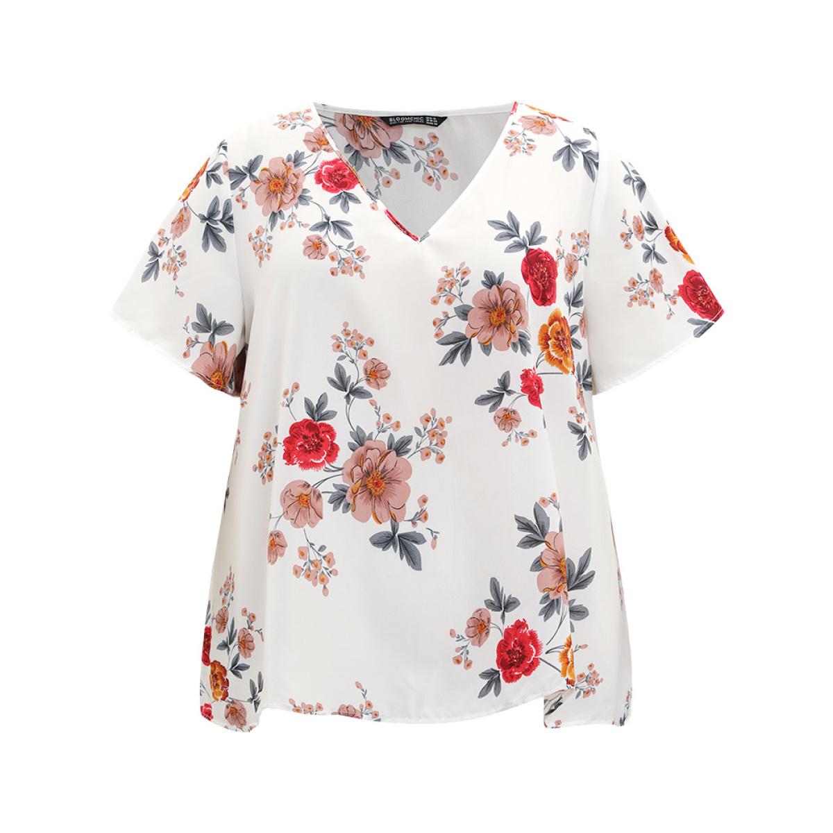 Plus Size White Floral Print High Low Hem Flutter Blouse Women Elegant Short sleeve V-neck Dailywear Blouses BloomChic 10/M Product Image