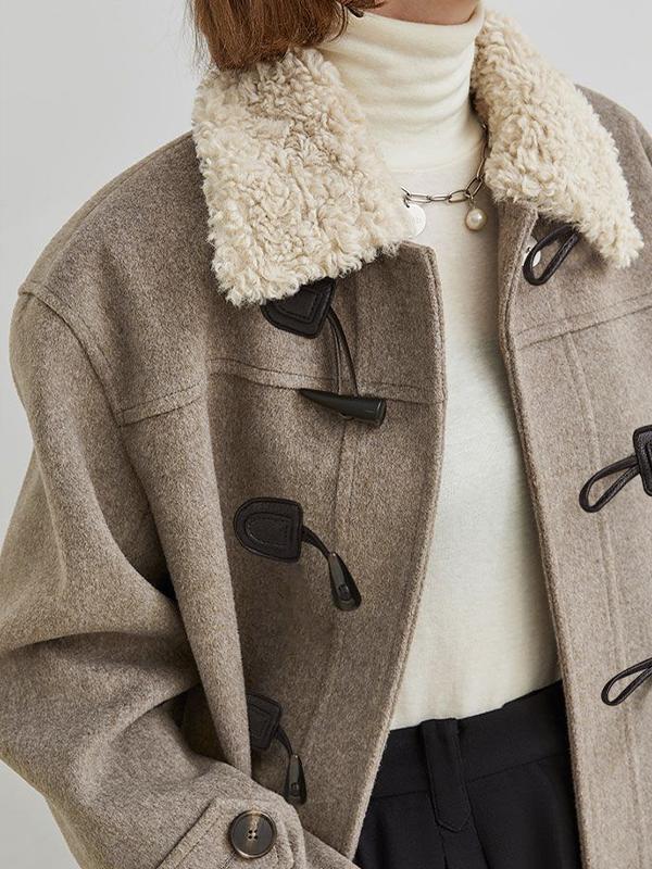 Preppy Fuzzy Collar Horn Buckle Jacket Product Image