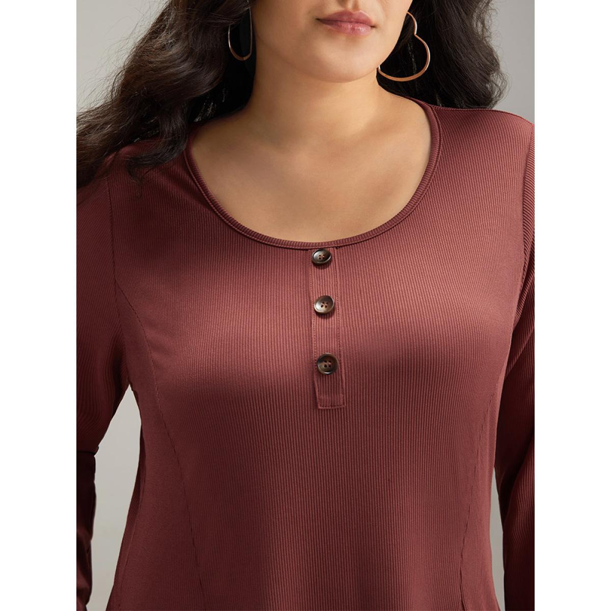 Plus Size Rib Knit Solid Button Up Pocket Ruffle Hem Dress Scarlet Women Casual Plain Round Neck Long Sleeve Curvy Midi Dress BloomChic 30/6X Product Image