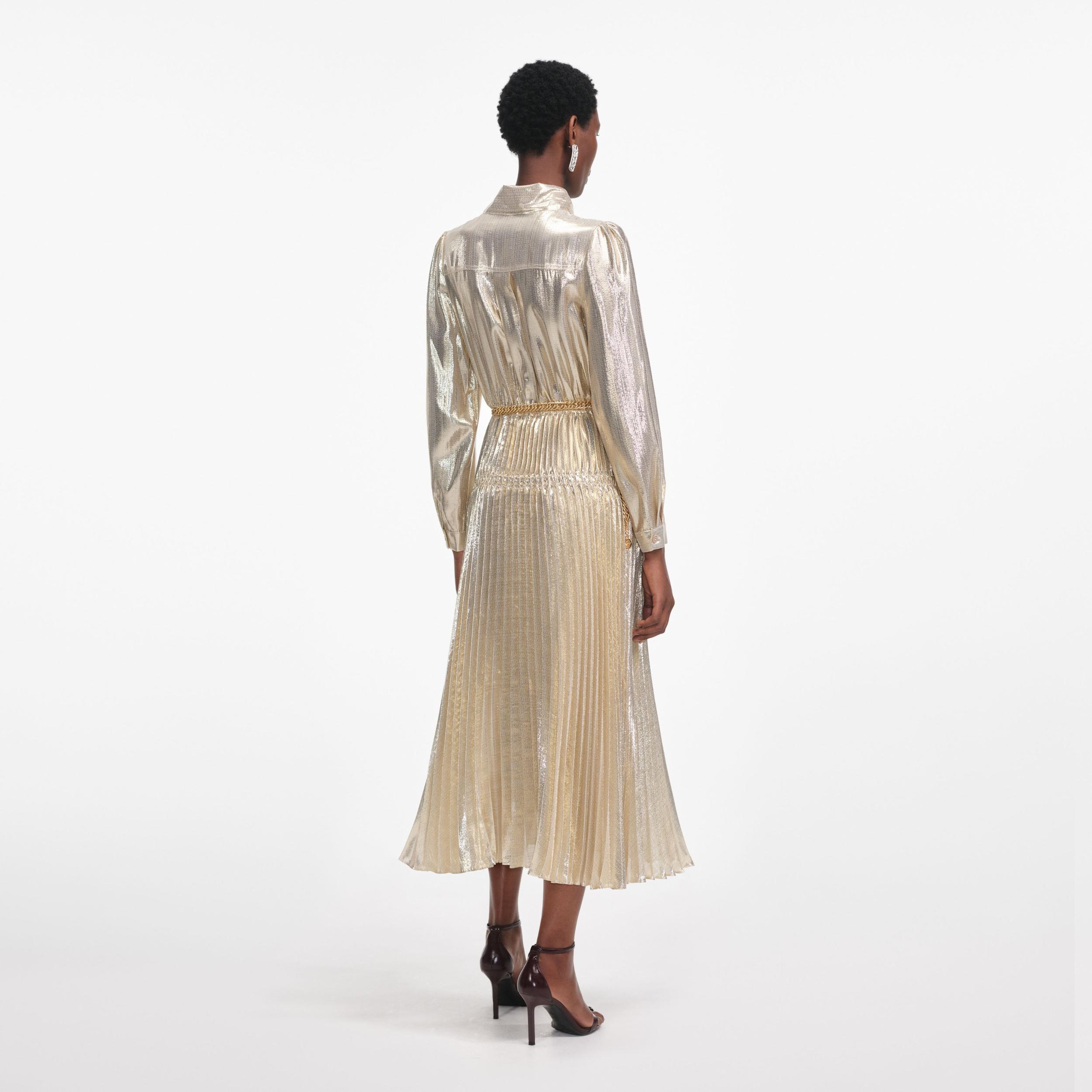 Gold Metallic Pussy Bow Midi Dress Product Image