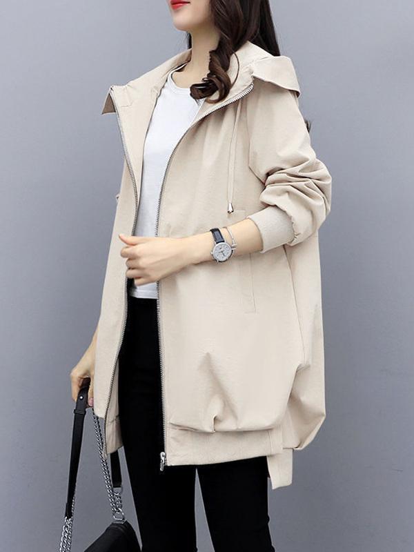 Casual Loose 4 Colors Pleated Zipper Hooded Long Sleeves Outwear Product Image