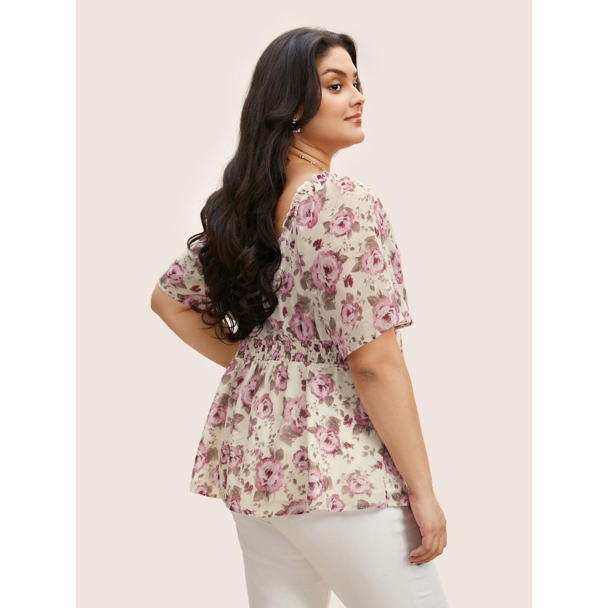 Plus Size Ivory Heart Neckline Floral Shirred Ruffles Blouse Women Elegant Short sleeve Heart neckline Everyday Blouses BloomChic 14-16/1X Product Image