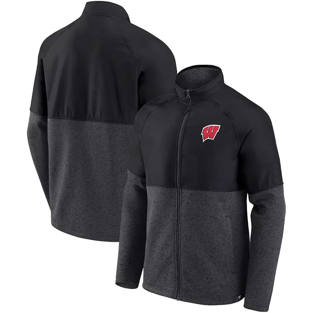 Men's Fanatics Branded Black/Heathered Charcoal Wisconsin Badgers Durable Raglan Full-Zip Jacket,  Product Image