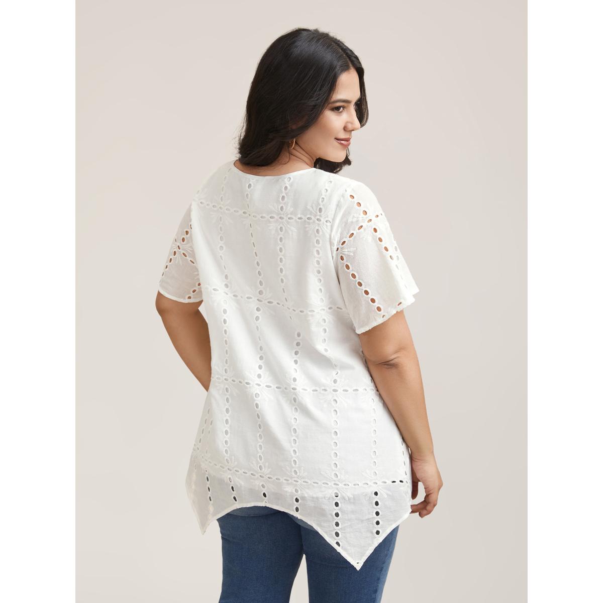 Plus Size Originalwhite Cotton Embroidered V-Neck Shirt Women Resort Short sleeve V-neck Vacation Blouses BloomChic 18-20/2X Product Image
