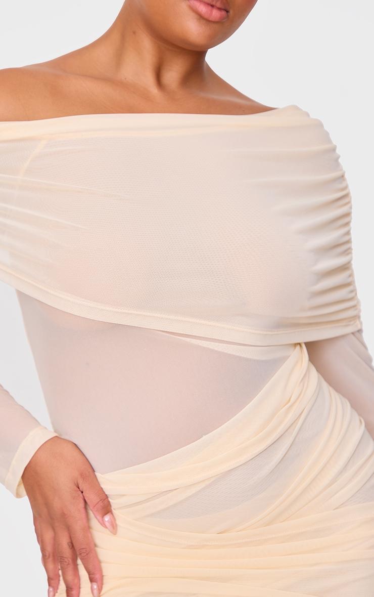 Cream Mesh Long Sleeve One Shoulder Bodycon Dress Product Image