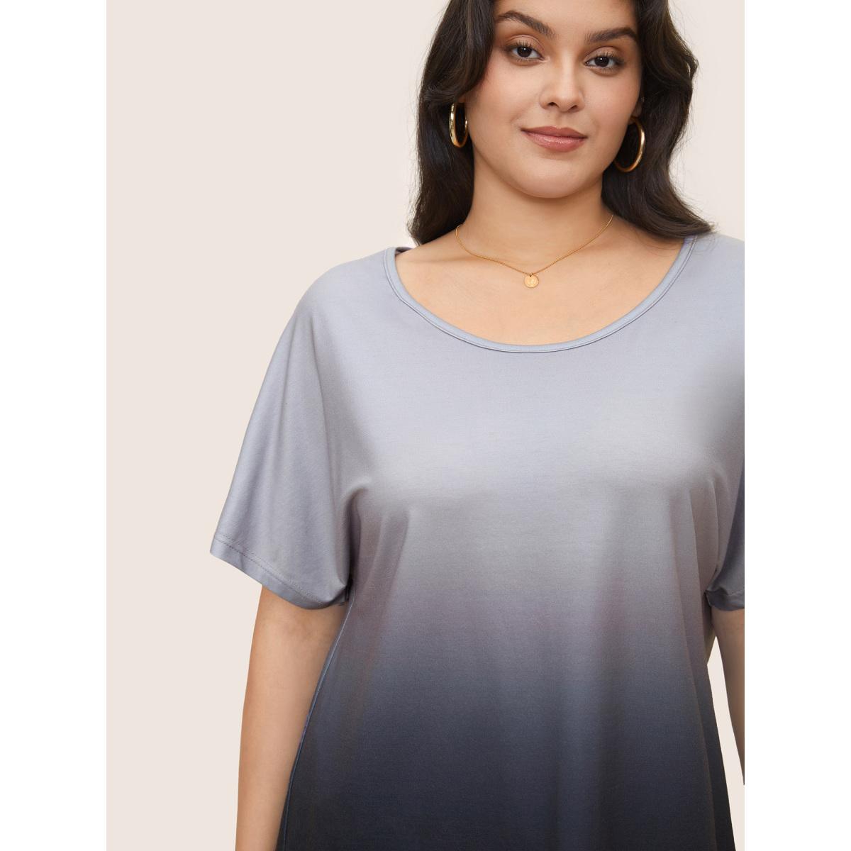 Plus Size Ombre Round Neck Batwing Sleeve T-shirt Gray Women Casual U-neck Everyday T-shirts BloomChic 10/M Product Image