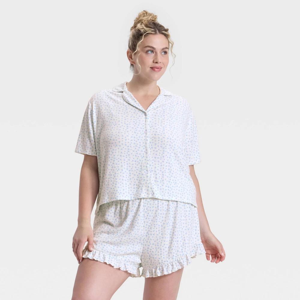 Women's Pointelle Notch Collar Shirt and Shorts Pajama Set - Wild Fable™ Navy M Product Image