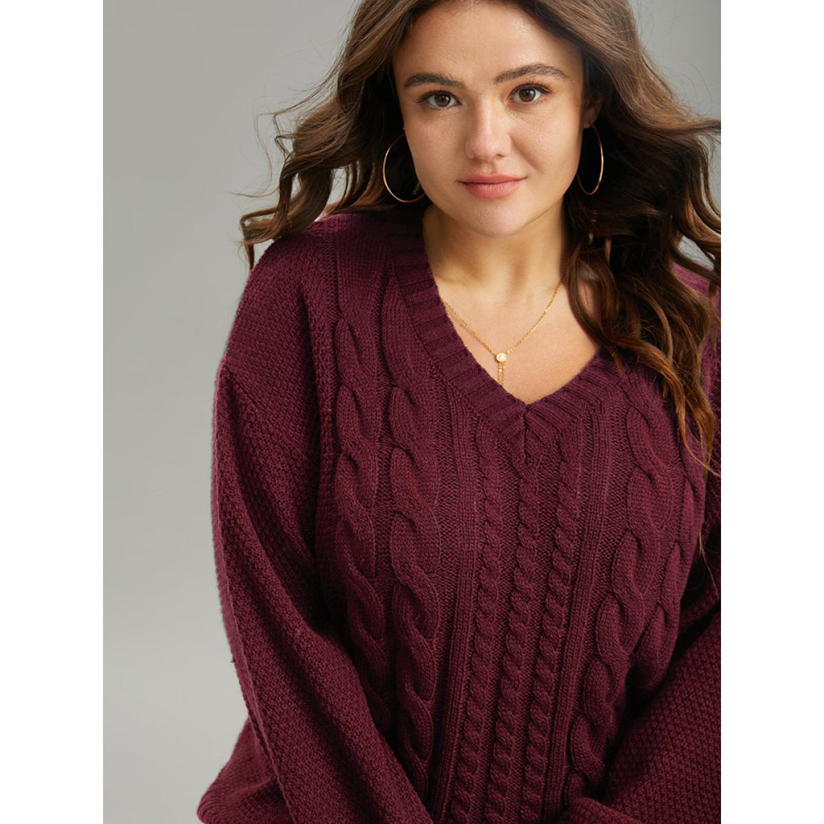 Plus Size Solid Cable Knit V Neck Elastic Cuffs Pullover Burgundy Women Casual Loose Long Sleeve V-neck Everyday Pullovers BloomChic 12/L Product Image