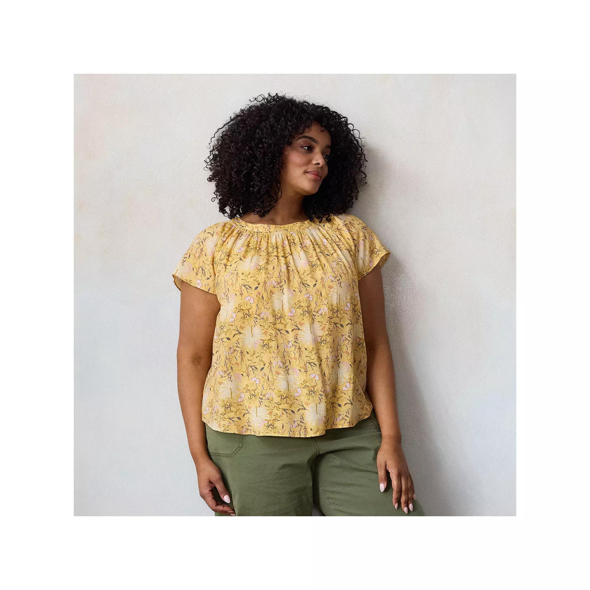 Plus Size LC Lauren Conrad Tie-Front Shirred Neck Top, Women's, Size: 2XL, Yellow Botanica Product Image