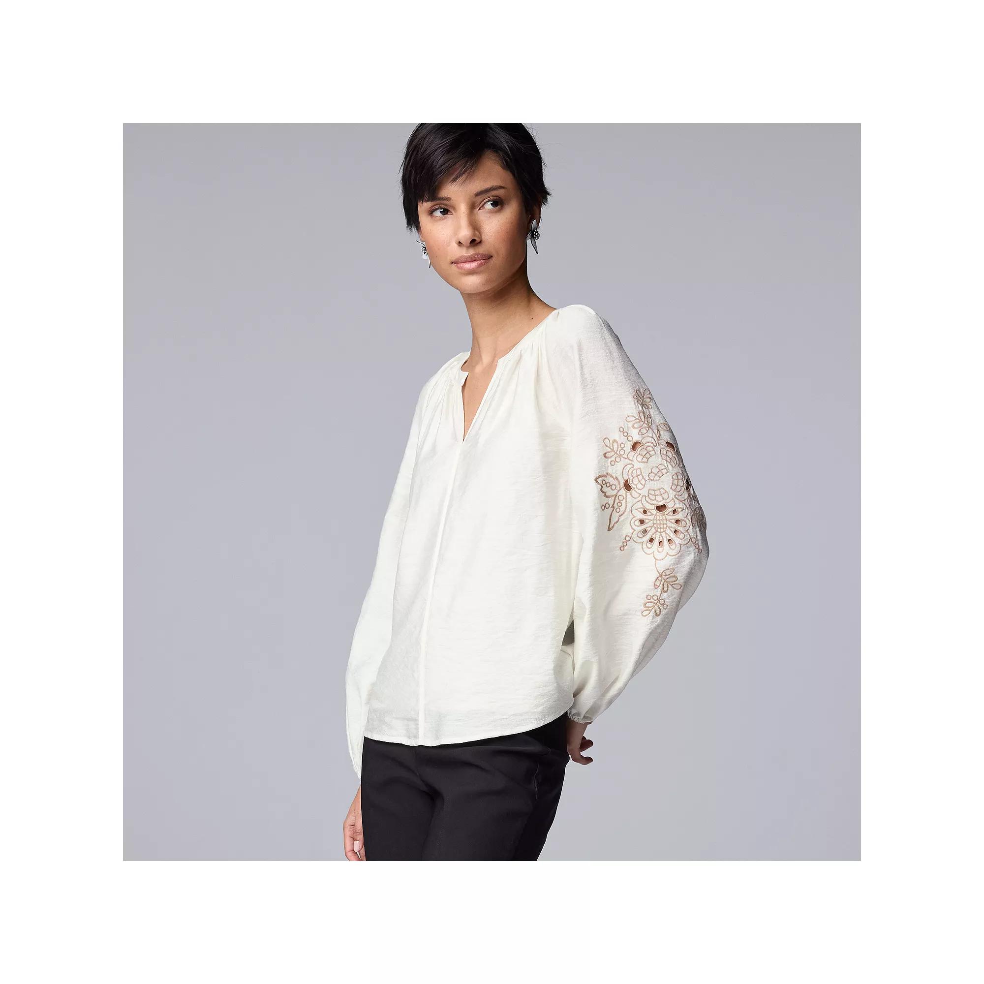 Women's Simply Vera Vera Wang Notchneck Embroidered Long Sleeve Dobby Blouse, Size: XL, White Milk Product Image