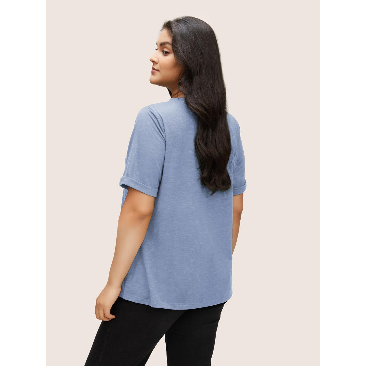 Plus Size Floral Embroidered Roll Sleeve T-shirt LightBlue Women Elegant Roll Hem Plants Round Neck Everyday T-shirts BloomChic 22-24/3X Product Image