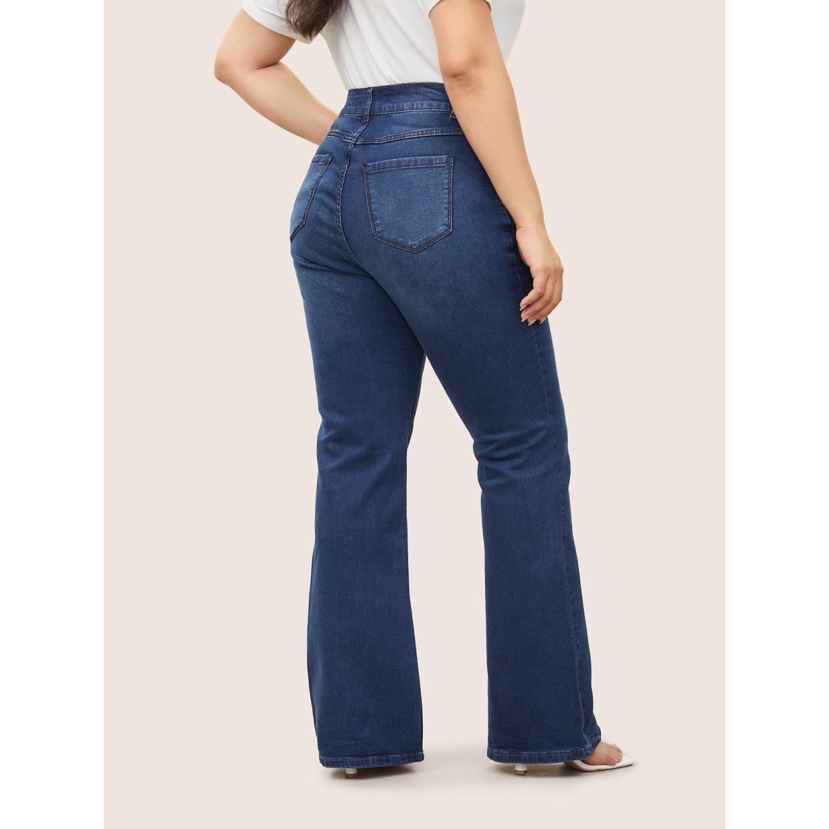 Plus Size Bootcut Very Stretchy Mid Rise Medium Wash Sculpt Waist Jeans Women LightBlue Elegant Plain Non High stretch Slanted pocket Jeans BloomChic 24/3X Product Image