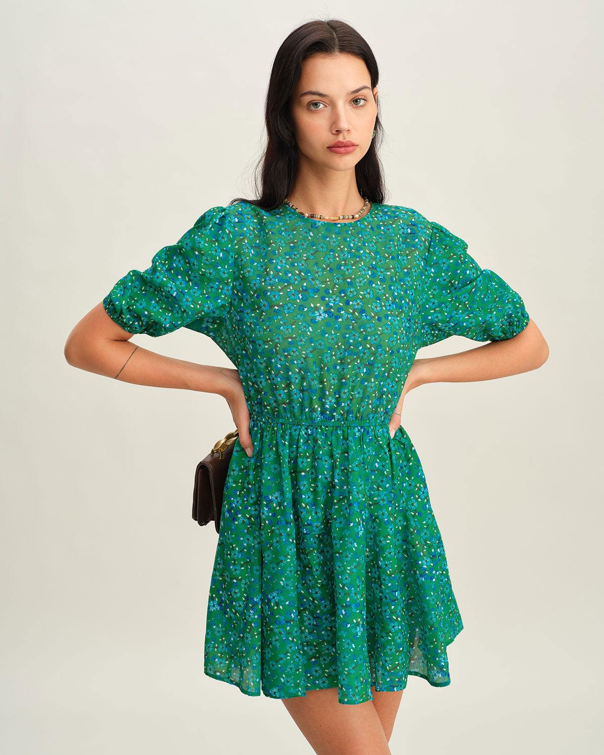 Green Ruched Elastic Waist Mini Dress Product Image
