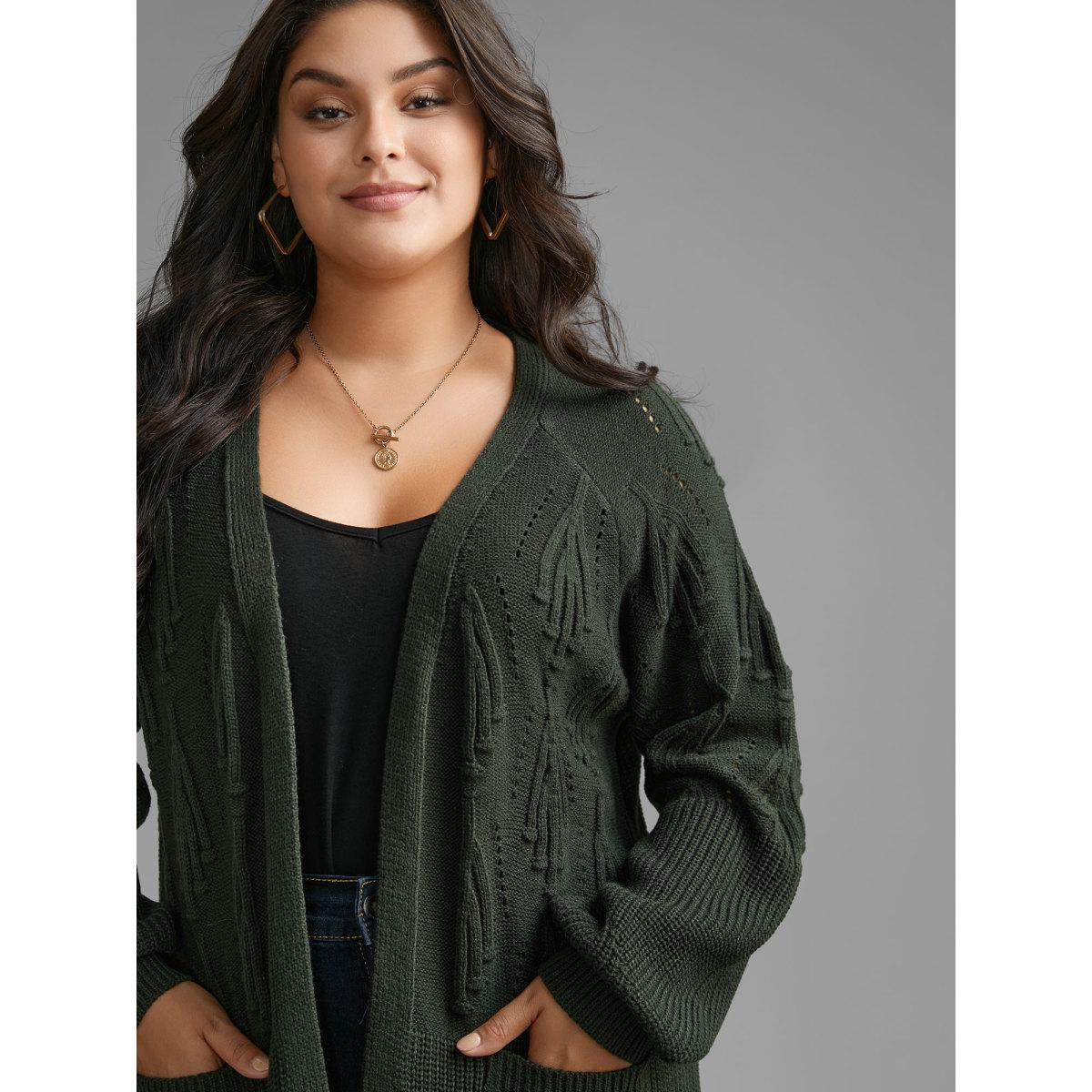 Plus Size Textured Lantern Sleeve Split Hem Cardigan DarkGreen Women Casual Loose Long Sleeve Everyday Cardigans BloomChic 12/L Product Image