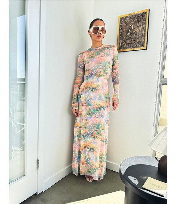 AFRM Paola Floral Print Crew Neck Long Sleeve Ankle Mesh Maxi Dress Product Image