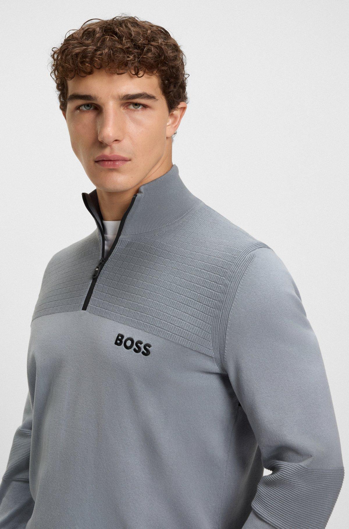BOSS - Water-repellent cotton sweater with zip neck - Dark Grey Product Image