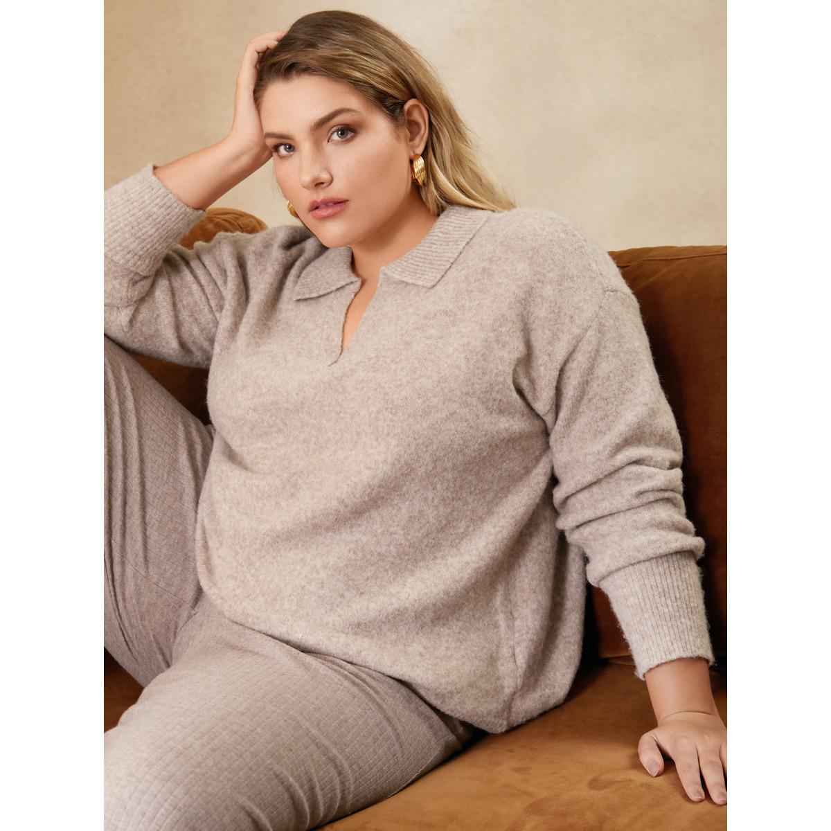 Plus Size Airy Cozy Polo Collar Wool Pullover Apricot Women Casual Loose Long Sleeve Polo Everyday Pullovers BloomChic 30/6X Product Image