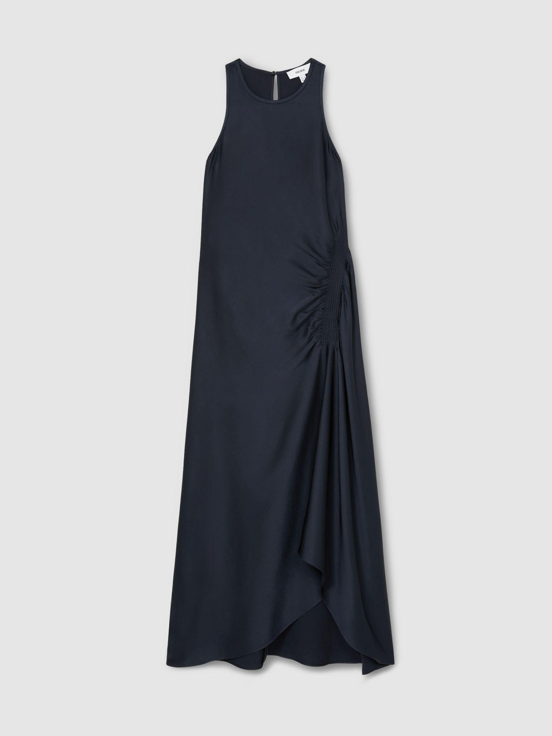 Petite Satin Shirred Midi Dress in Navy Product Image
