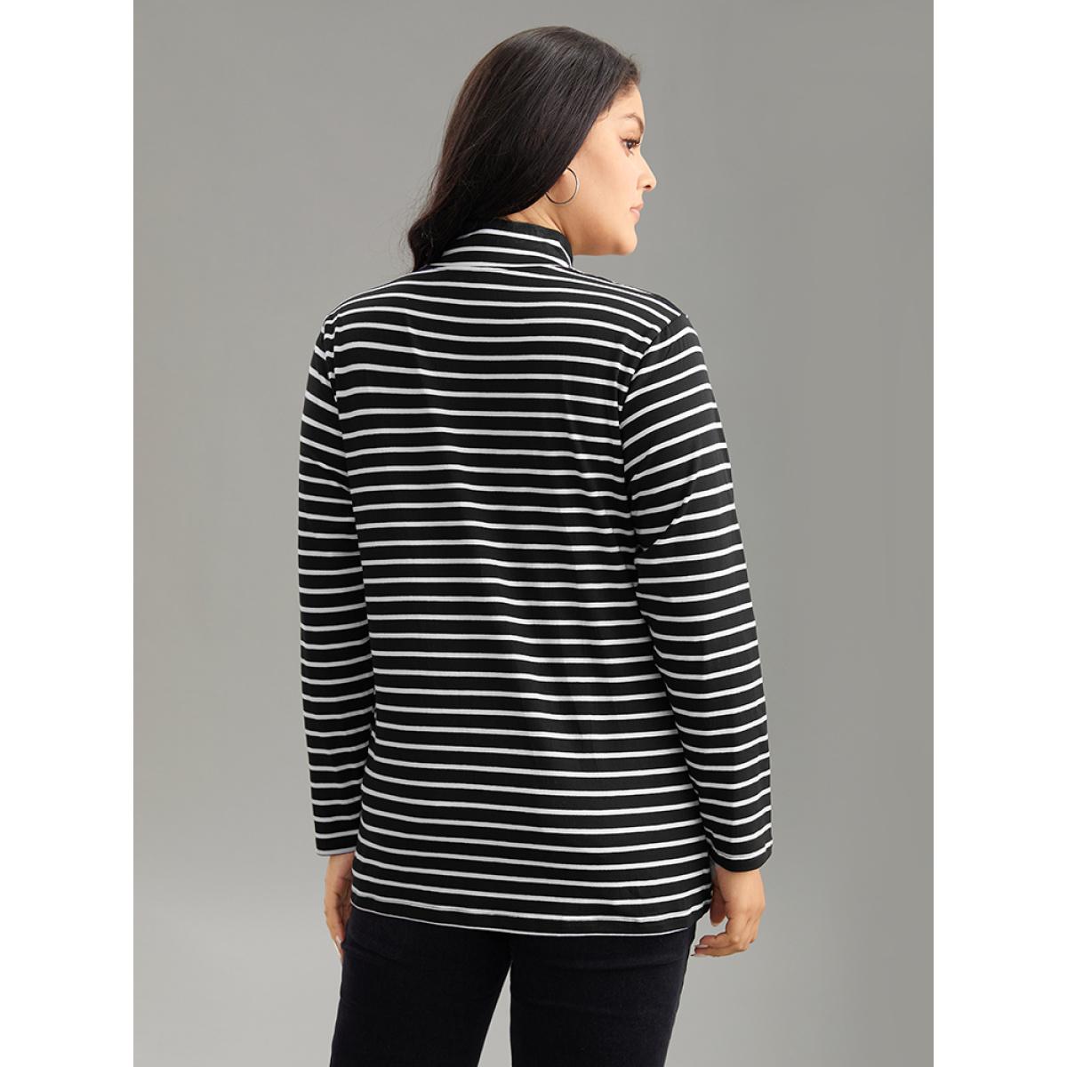 Plus Size Cotton Striped Funnel Neck T-shirt Black Women Casual Contrast Striped Turtleneck Dailywear T-shirts BloomChic 14-16/1X Product Image