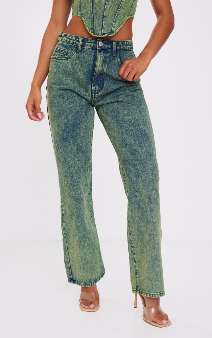 Green Tint Vintage Wash Mid Rise Wide Leg Jeans Product Image