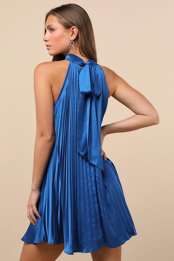 Ceslie Blue Pleated Shift Mini Dress Product Image