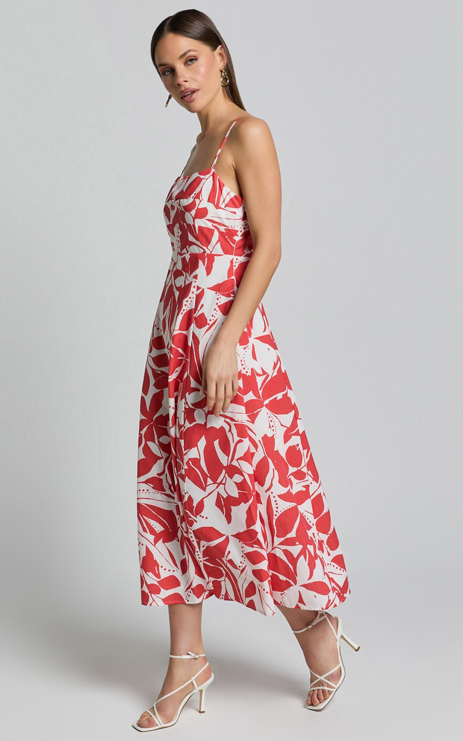 Nylia Midi Dress - Strappy Fit and Flare Dress in Red Floral Product Image