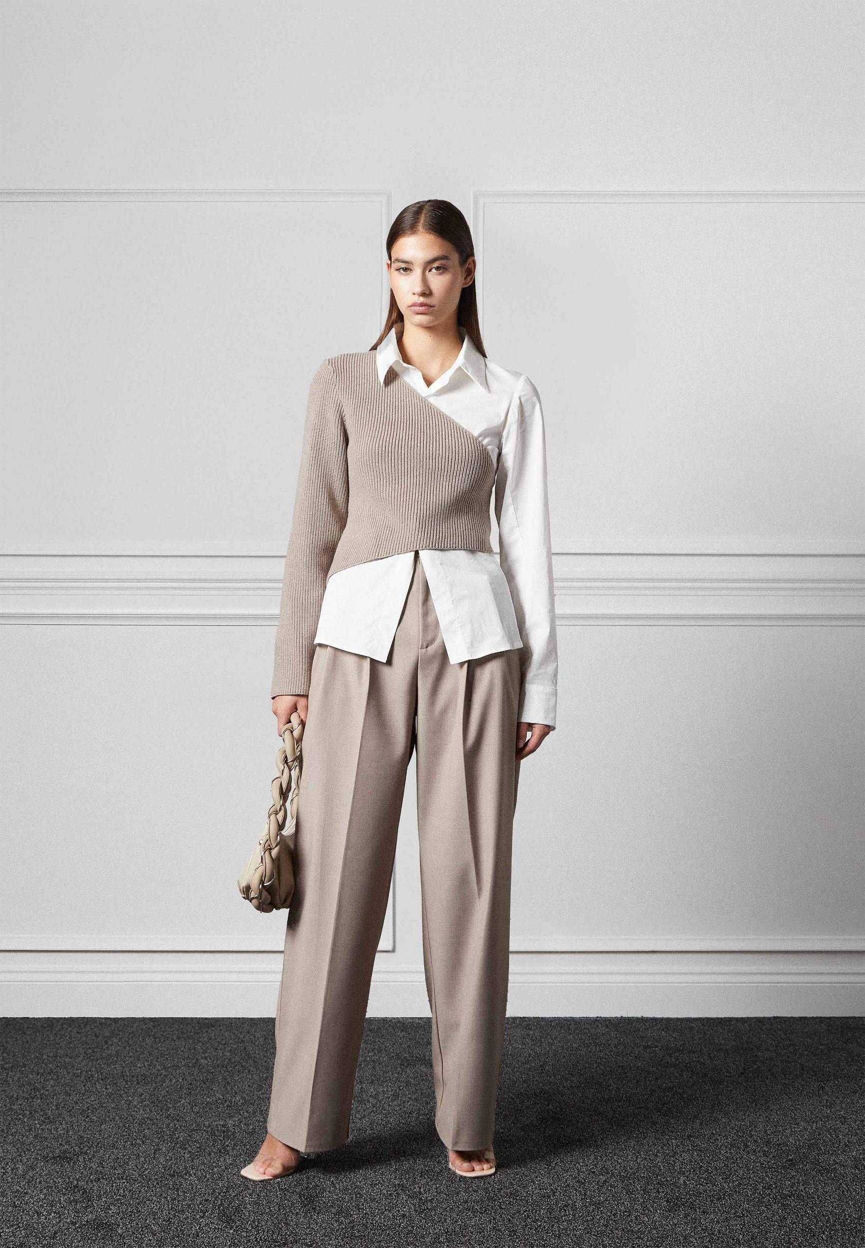 Asymmetric Knitted Overlay Shirt - White/Beige Female Product Image