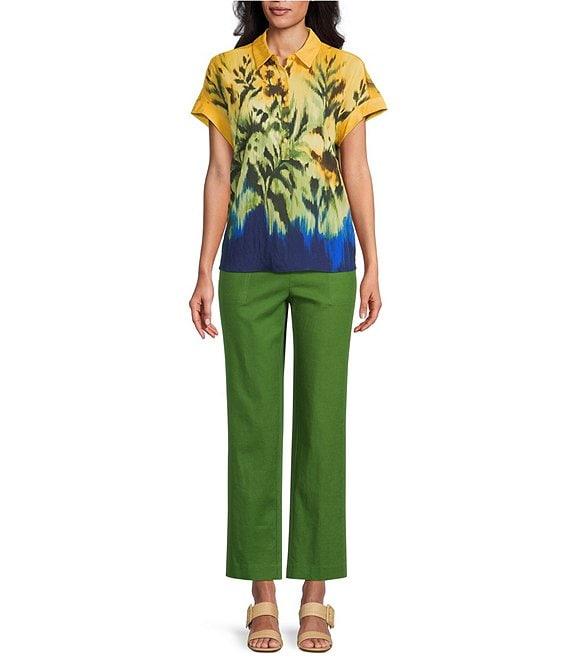 Investments Woven Tropical Floral Short Sleeve Point Collar Partial Button Front Top Product Image