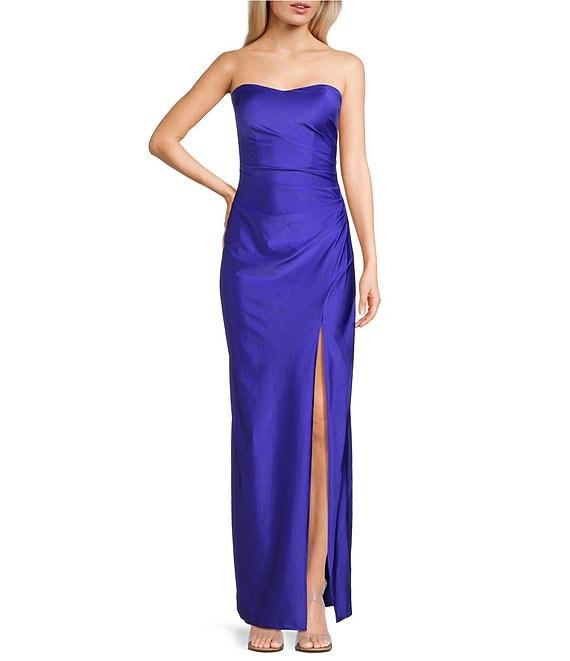 Pear Culture Stretch Satin Strapless Sweetheart Neck Point Wrap Side Slit Dress Product Image