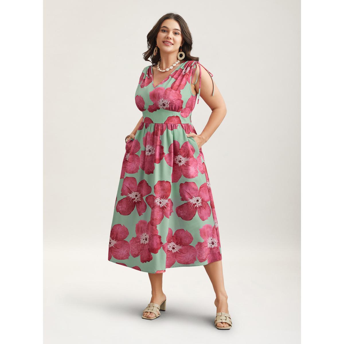 Plus Size Floral Print V-Neck Tied Midi Dress RedViolet Women Romantic Gathered V-neck Sleeveless Curvy BloomChic 18-20/2X Product Image