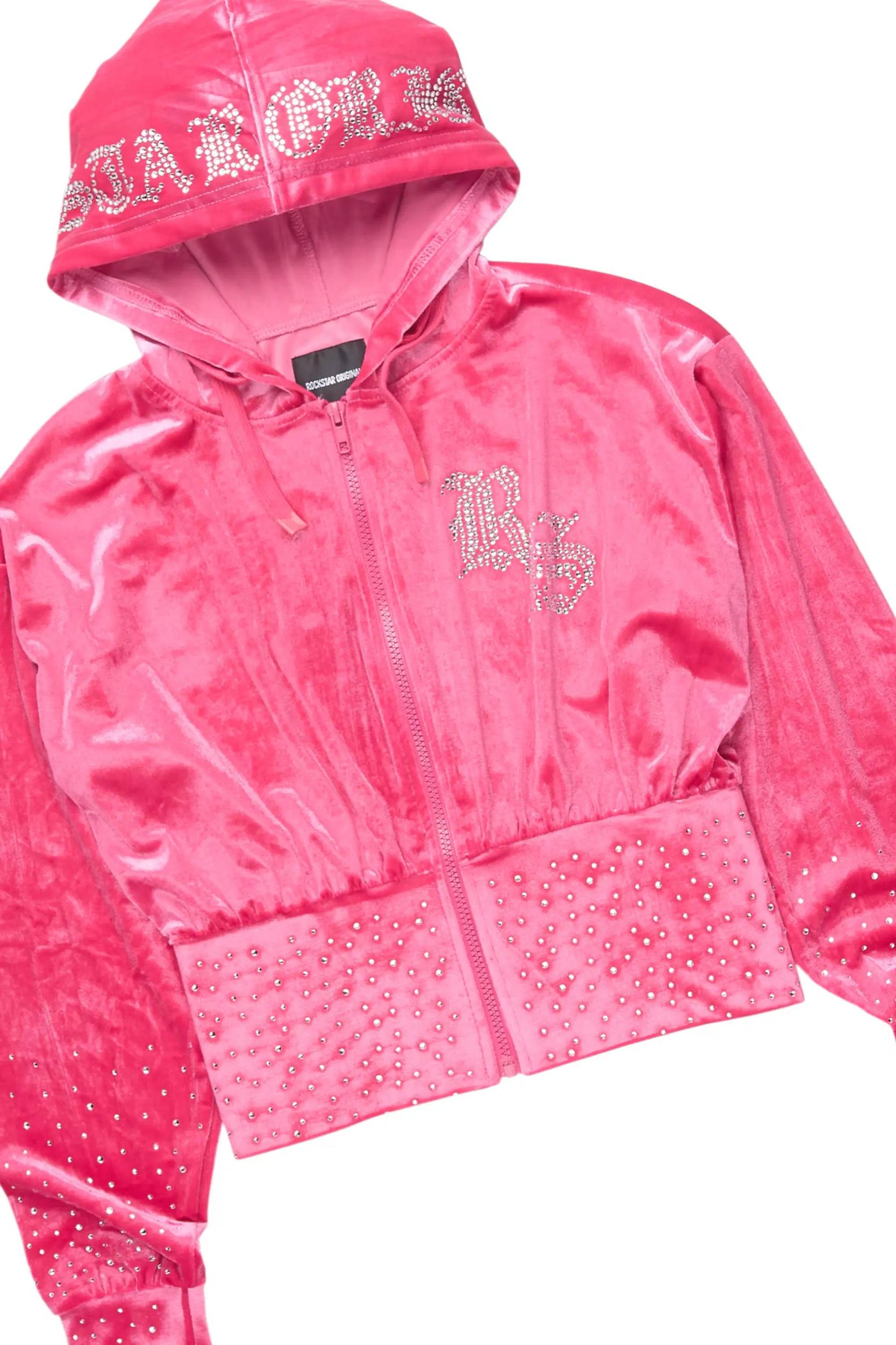 Rachell Hot Pink Rhinestone Velour Stacked Track Set Female Product Image