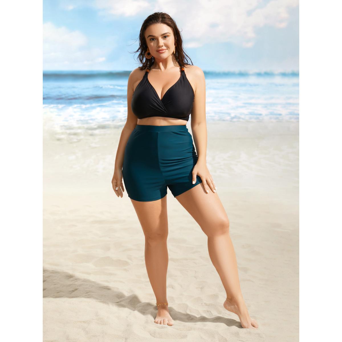Plus Size Plain Elastic Waist Swim Shorts Women's Swimwear Cyan Beach Non High stretch Skinny High Rise Curve Swim Bottoms BloomChic 12/L Product Image