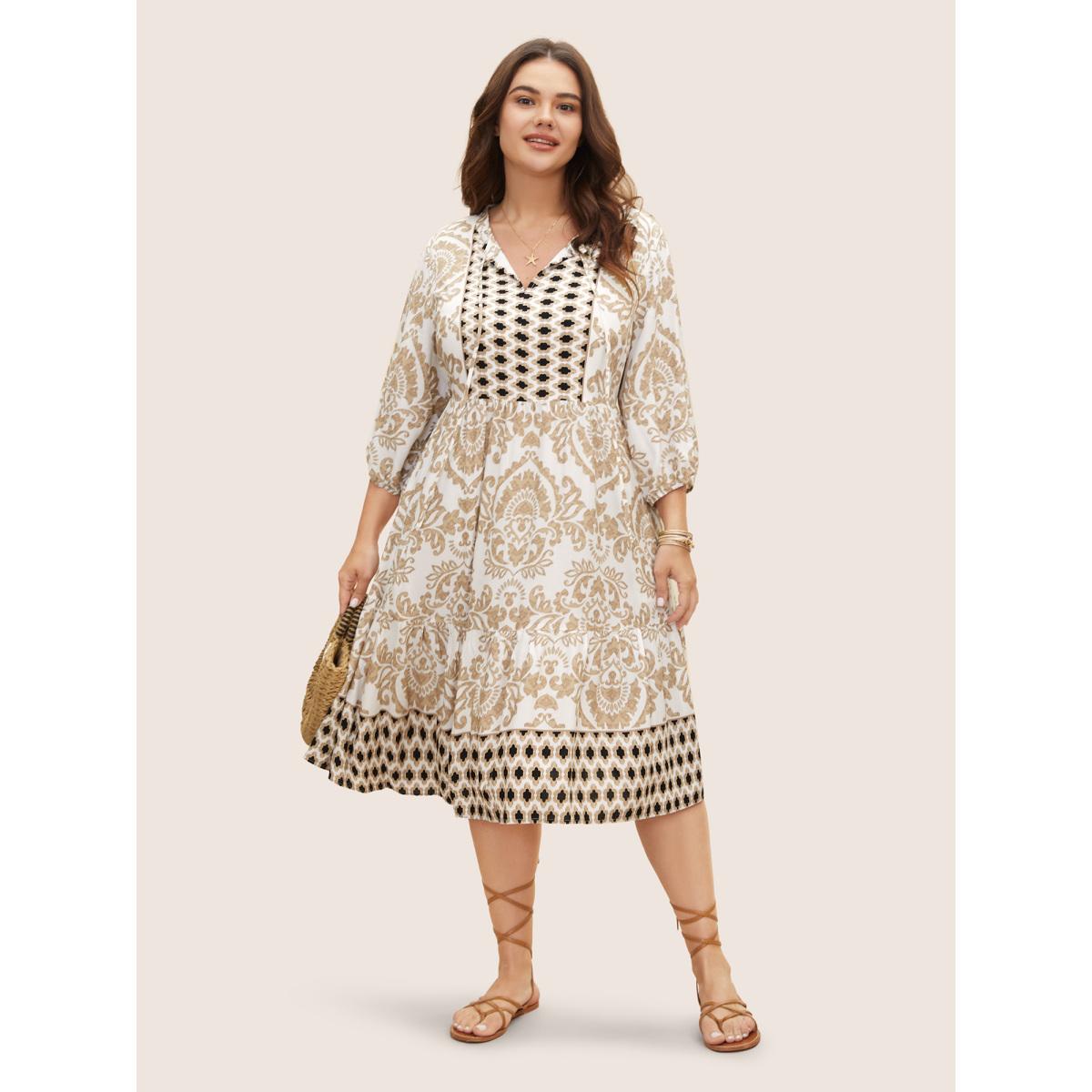 Plus Size Boho Print Tie Knot Lantern Sleeve Dress Tan Women Resort Tie knot V-neck Elbow-length sleeve Curvy BloomChic 22-24/3X Product Image