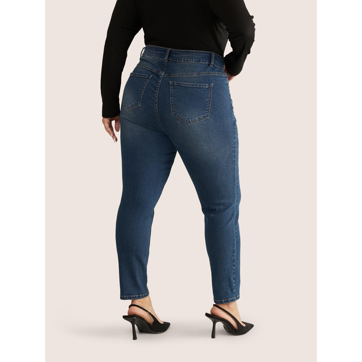 Plus Size Very Stretchy High Rise Zipper Fly Skinny Jeans Women Blue Casual Plain Non High stretch Slanted pocket Jeans BloomChic 28/5X Product Image