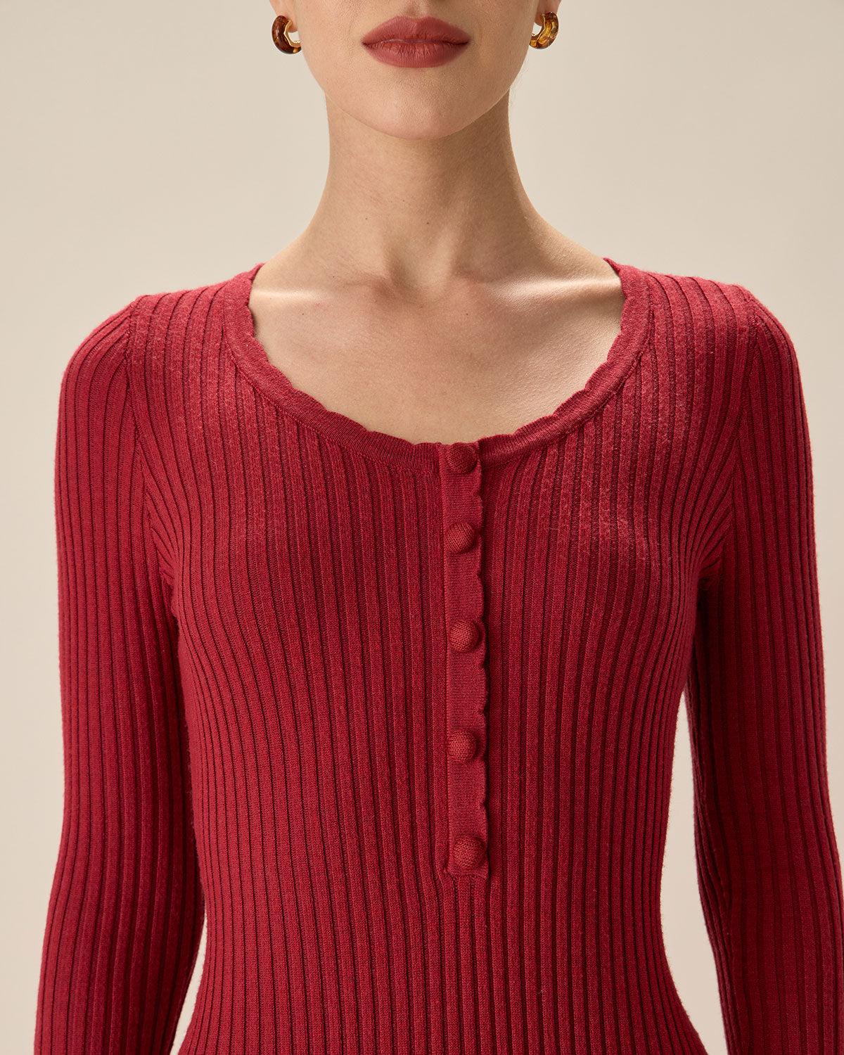 Red Bodycon Bell Sleeve Sweater Dress Product Image