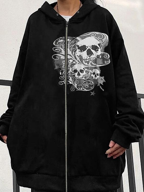 Halloween Skull Print Zip Up Drawstring Oversized Hoodie Product Image