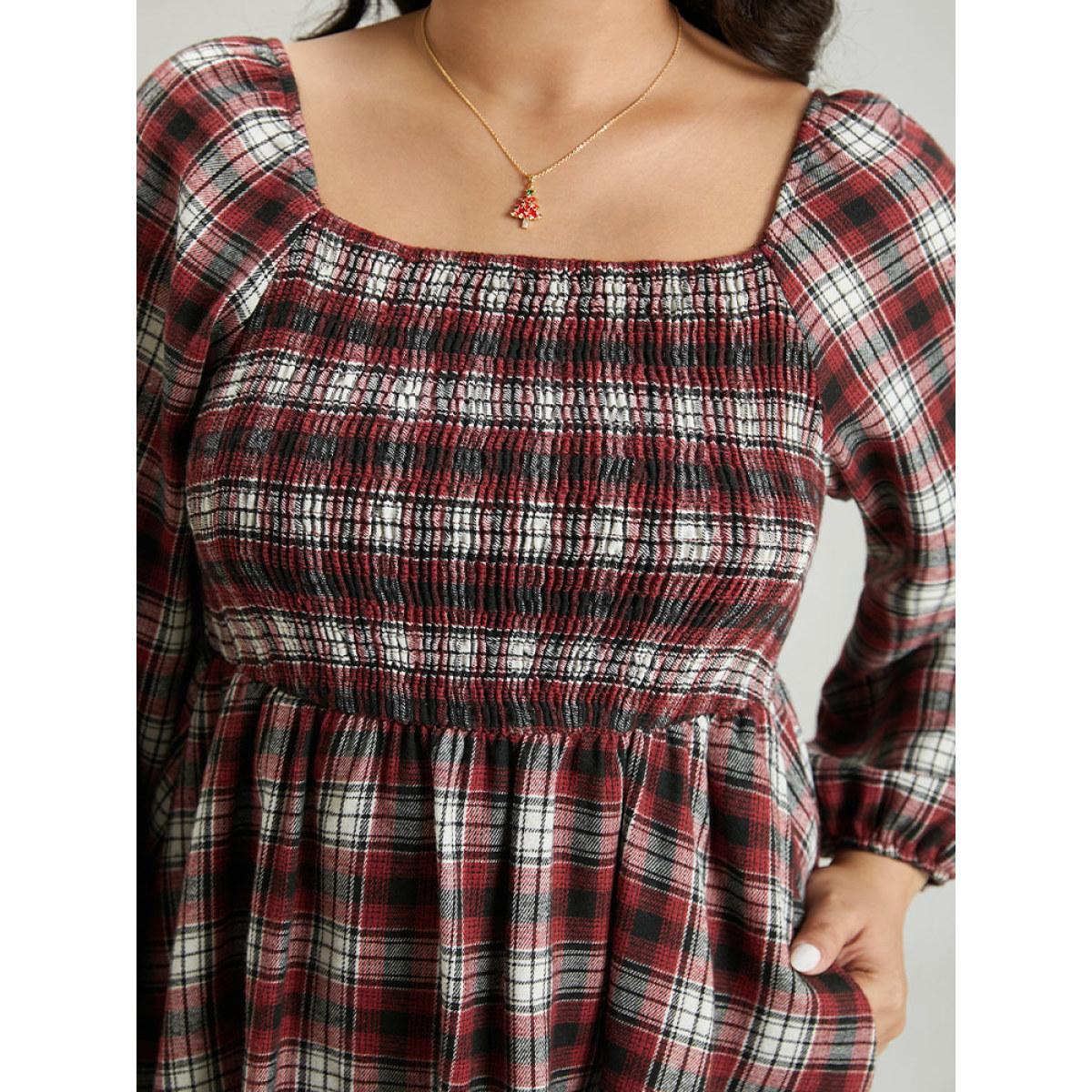 Plus Size Square Neck Plaid Shirred Lantern Sleeve Dress Red Women Casual Elastic cuffs Square Neck Long Sleeve Curvy Midi Dress BloomChic 14-16/1X Product Image