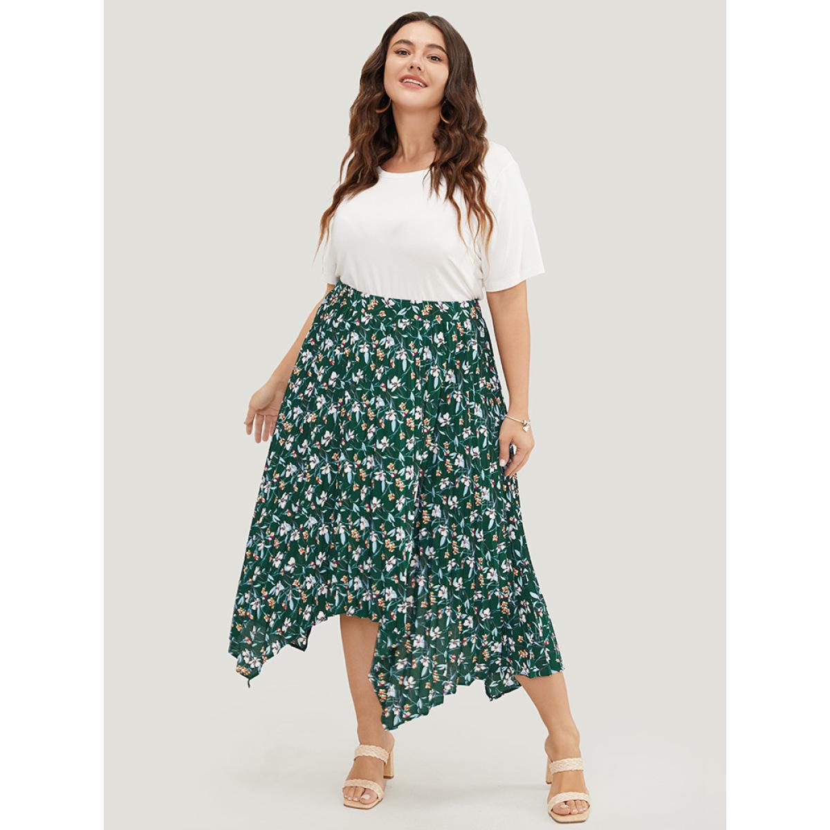 Plus Size Ditsy Floral Pleated Hanky Hem Skirt Women DarkGreen Elegant Asymmetrical No stretch Dailywear Skirts BloomChic 14-16/1X Product Image