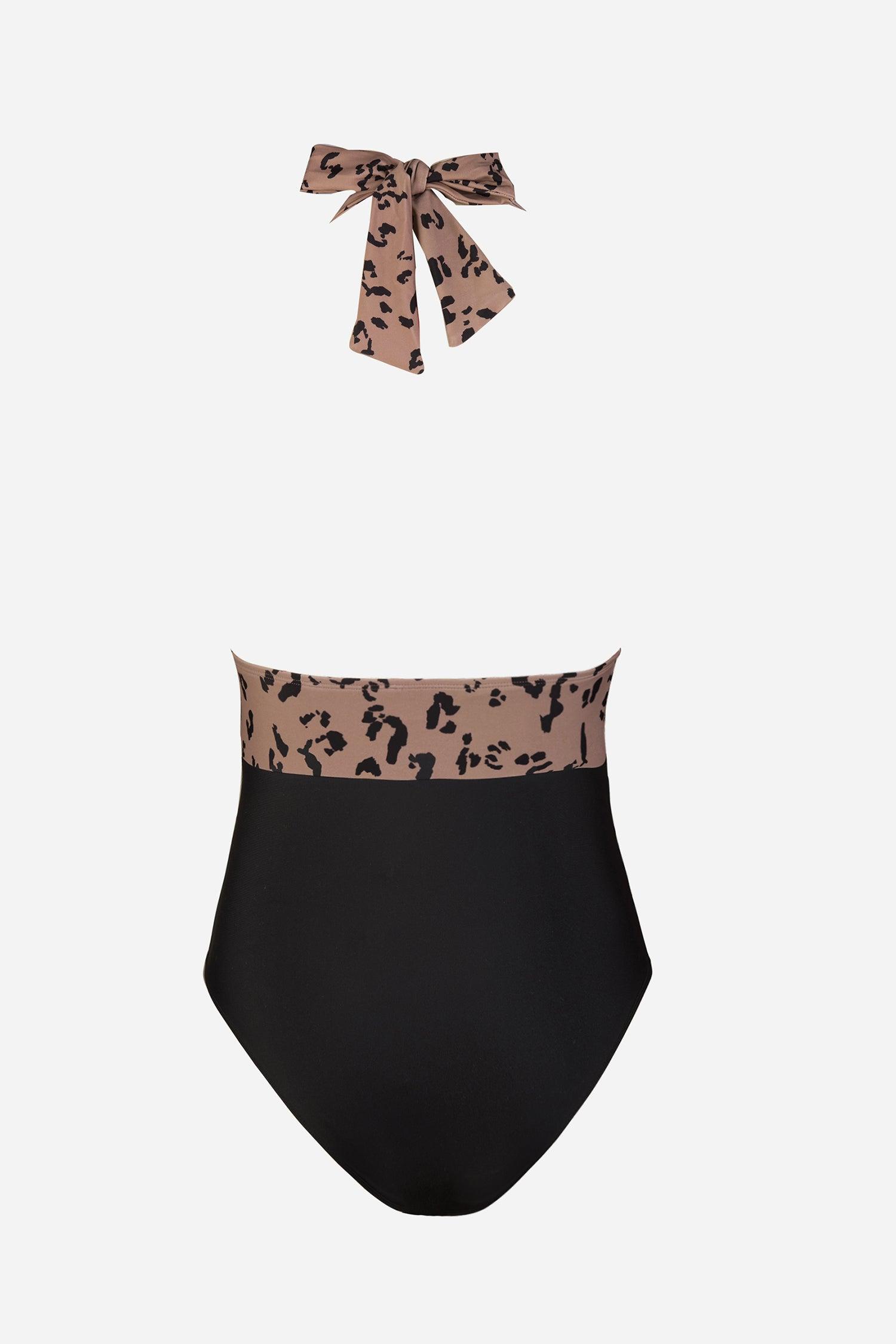 Cheetah Plunge Halter Shirred One Piece Swimsuit Product Image