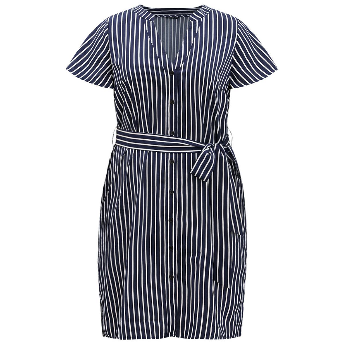 Plus Size Striped Pocket Button Through Belted Split Hem Dress Indigo Women Office Belted Notched collar Short sleeve Curvy Midi Dress BloomChic 10/M Product Image