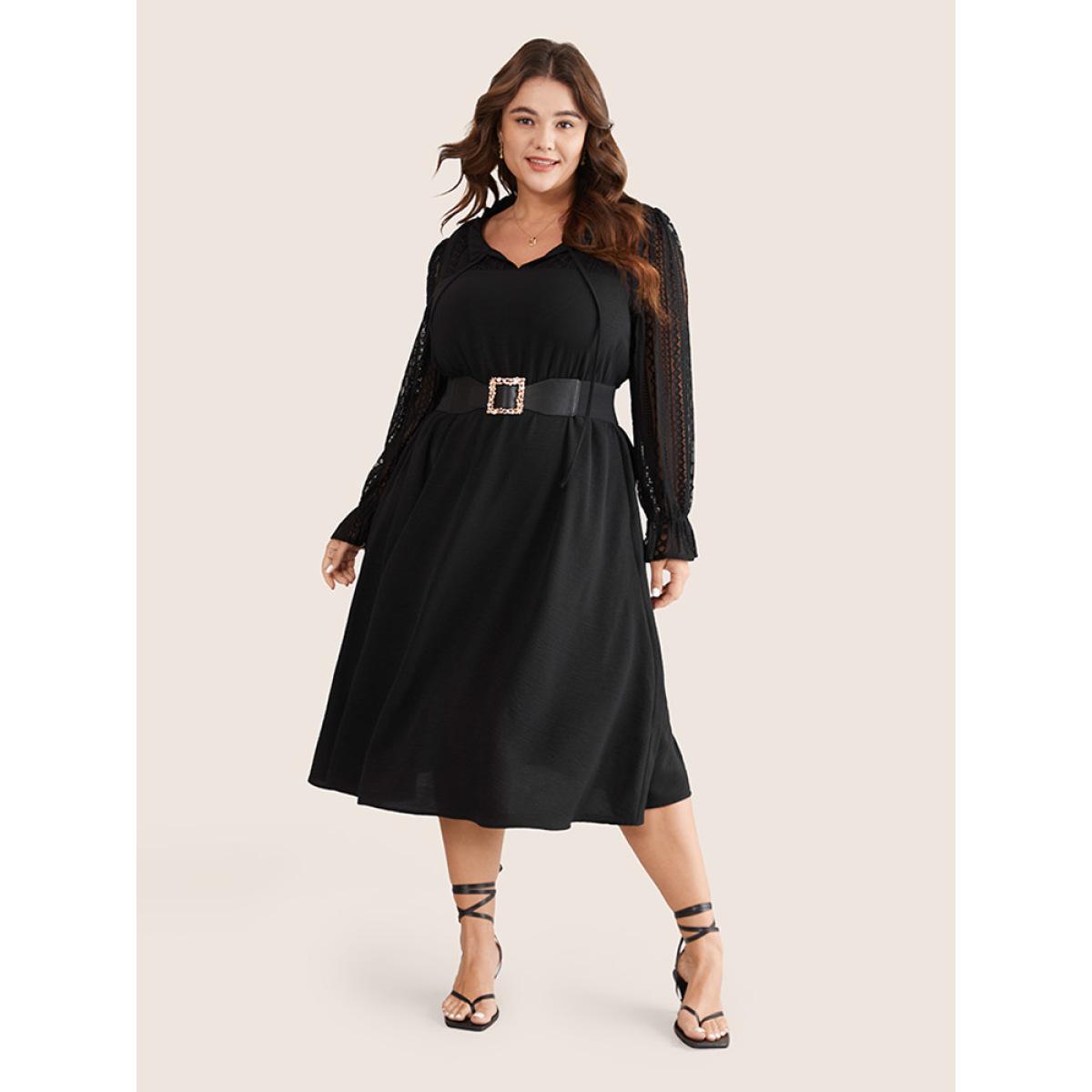 Plus Size Guipure Lace Knot Neck Ruffle Long Sleeve Dress Black Women Elegant Texture Tie Neck Long Sleeve Curvy Midi Dress BloomChic 28/5X Product Image