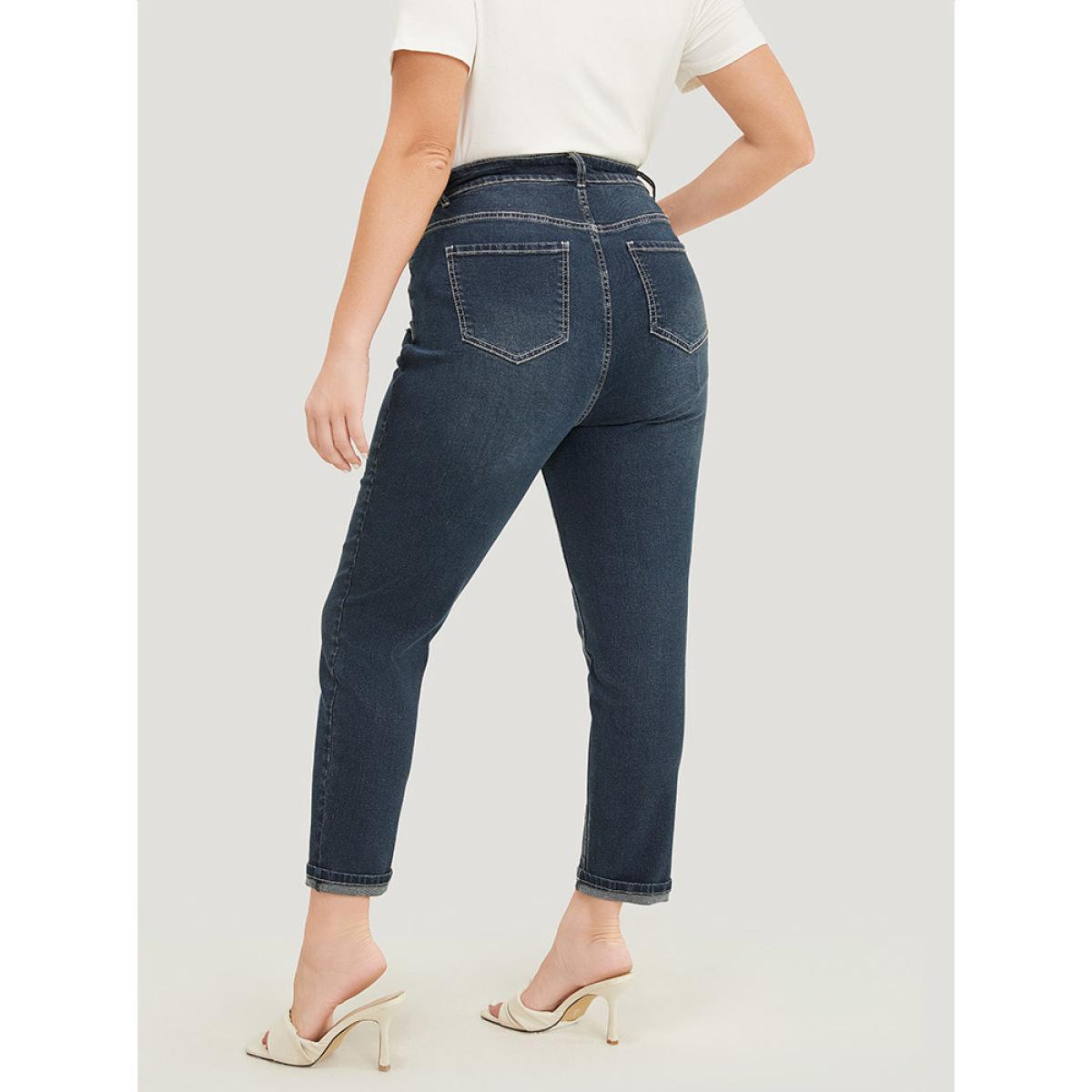 Plus Size Very Stretchy High Rise Dark Wash Distressed Stitch Jeans Women Midnight Casual Plain Roll Hem High stretch Jeans BloomChic 12/L Product Image